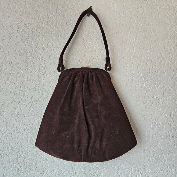 Vintage 30s 40s Brown Gathered Suede Leather Art Deco Handbag Frame Purse - Picture 4 of 7